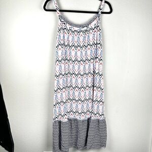 Southern Tide Dress Small White Navy Blue Geo Frayed Trim Rayon Sun